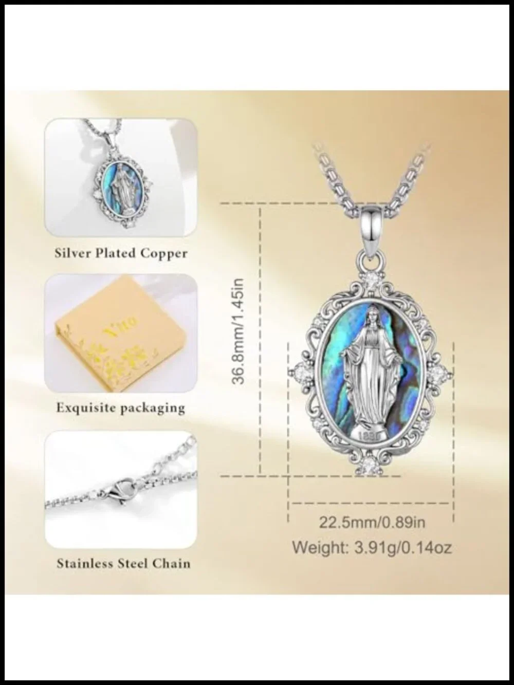 Silver Plated Copper Virgin Mary Pendant Necklace with Abalone Shell CZ